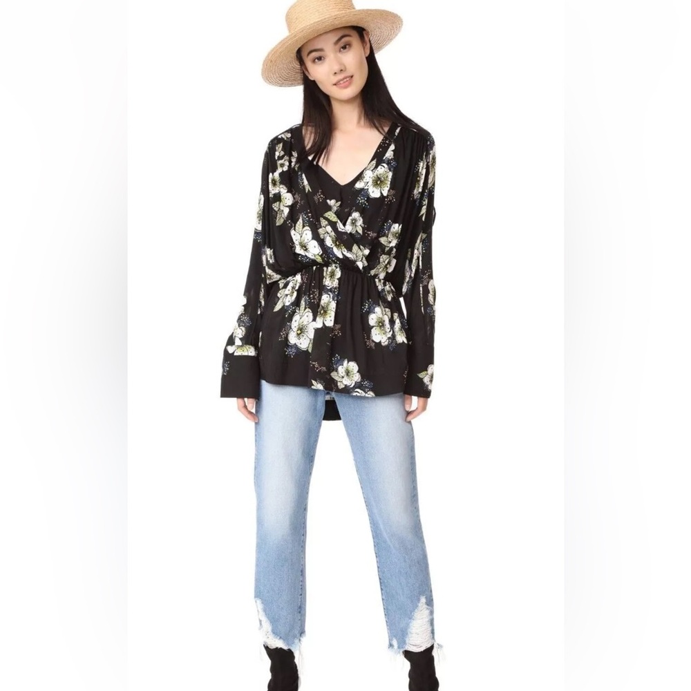 Sz M Free People Tuscan Dreams Floral Printed Tunic Ocean Blue Black tunic